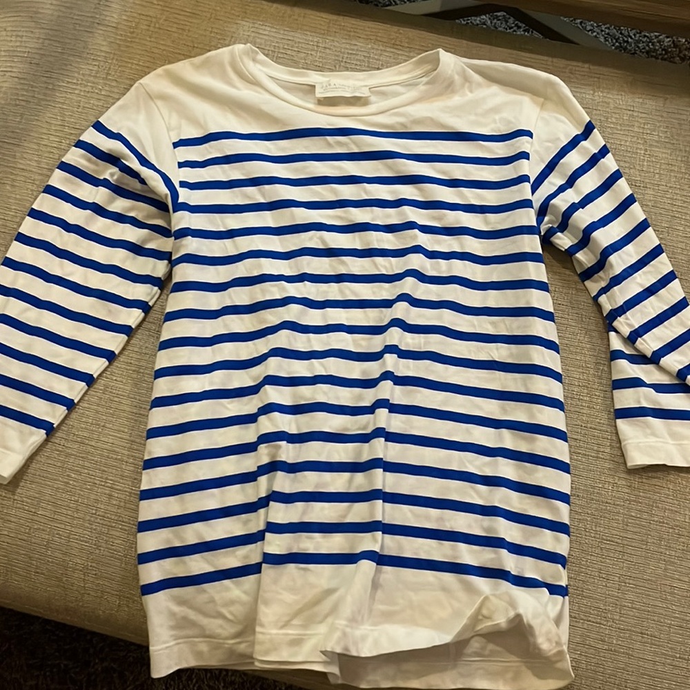 Zara Blue Striped White Tee 3/4 length